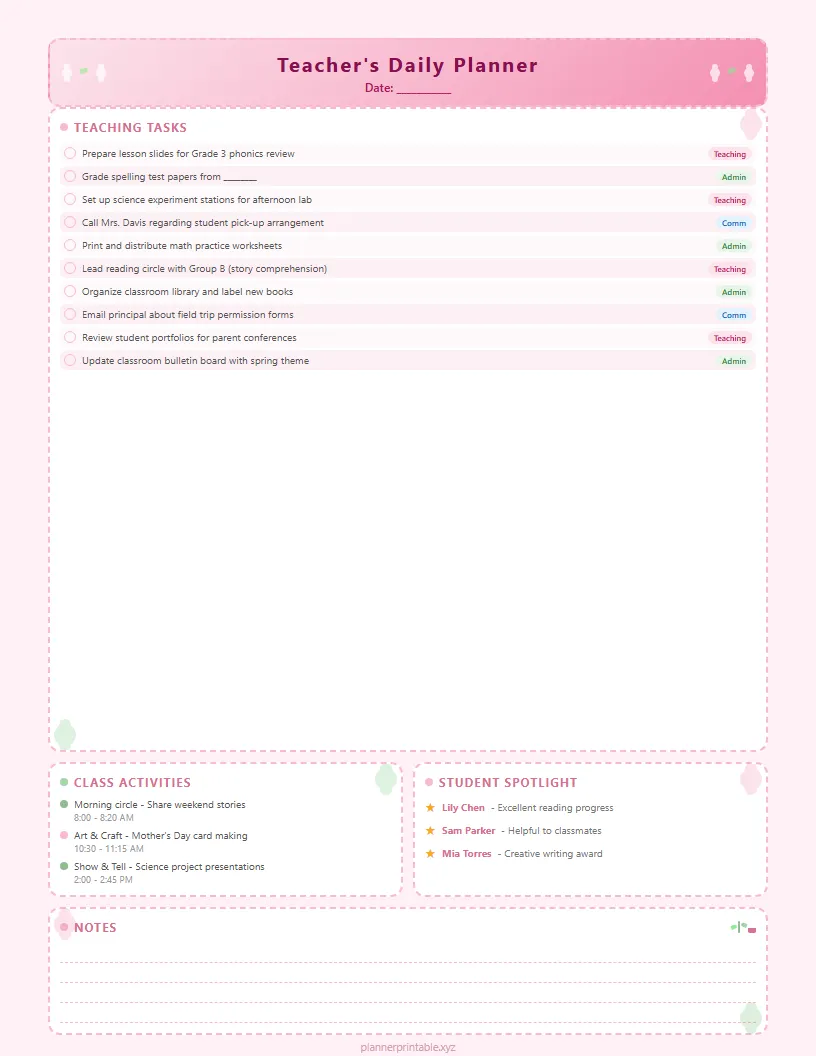 Floral Teacher Daily Planner - Aesthetic Planner PDF
